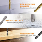 ENERTWIST Multi-Purpose Drill Bit Set,16 Pcs 5/64in to 3/8in. Titanium, Masonry, and Brad Point Bits - Ultimate Versatility for Metal, Wood, Plastic, Concrete Drilling