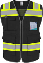 TCCFCCT High Visibility Vest 5 Pockets Mesh Reflective Safety Vest for Men Women, Hi Vis Work Vest with Reinforced Zipper and Fluorescent Orange Edge, Durable to Use, Meets ANSI/ISEA, DW-Black, 2XL
