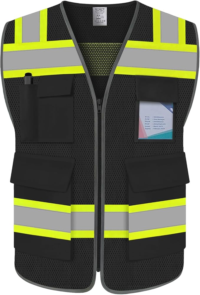 TCCFCCT Safety Vest for Men Women 5 Pockets Mesh High Visibility Reflective Vest with Reinforced Zipper, Durable Construction Work Vest with Fluorescent Orange Edge, Meets ANSI/ISEA, DW-Black, L