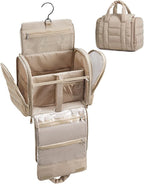 BAGSMART Puffy Travel Makeup Bag, Portable Hanging Toiletry Organizer with Removable Partition, Organizer for Travel-Sized Shampoo, Conditioner, Brushes Set, makeup Accessories, Camel