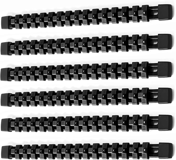 ALOANES 6 PC ABS Socket Organizer, 3/8 inch, Drive Socket Rail Holders, Heavy Duty Socket Racks, Black Rails with Black Clips