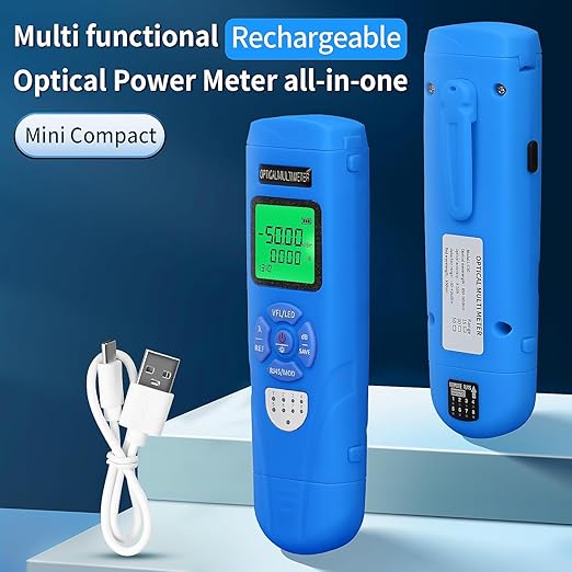 Rechargeable Optical Power Meter L-C50-50km mini Fiber Cable Tester Suitable for SC/FC/ST/LC Interface 4-in-1 Function Built-in 50km Visual Fault Locator RJ45 Network Testing with 1 FC-LC Adapter