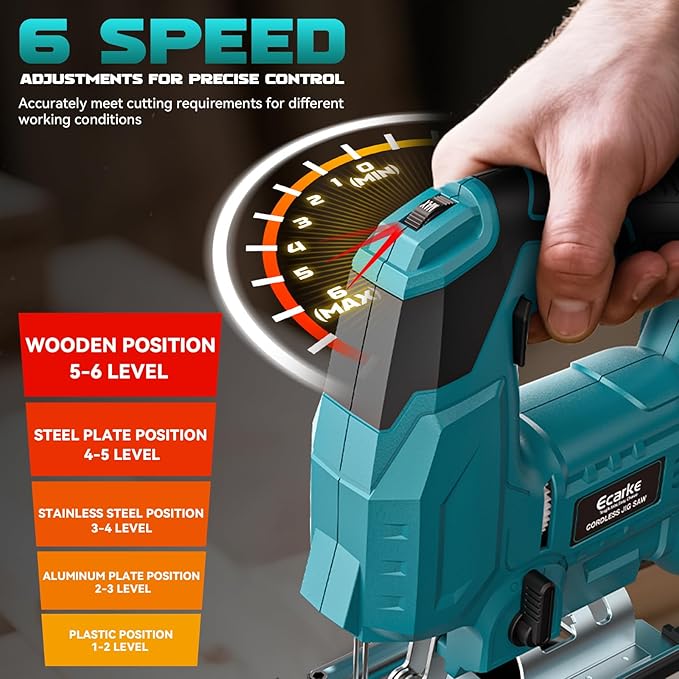 Jig Saw Compatible With Makita 18V Battery, Cordless Jigsaw Tool Brushless Motor With 6 Variable Speeds, 4 Orbital Sets, ±45° Bevel Cuts, LED Light and 6PCS Blades For Cutting (Without Battery)