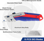 WORKPRO Retractable Utility Knife Set, 2-pack Quick-Change Box Cutter with Twine Cutter, Heavy Duty Aluminum Razor Knife with Comfortable Handle, 10 Extra Blades Included