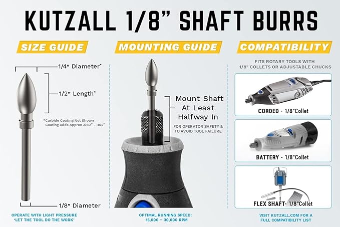 Kutzall 4-Piece Rotary Burr Kit - 1⁄8" Shaft, Coarse - Wood Carving Bits for Dremel, Foredom, Ryobi, DeWalt, Milwaukee Tools - Structured Tungsten Carbide