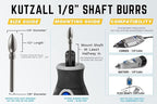 Kutzall 4-Piece Rotary Burr Kit - 1⁄8" Shaft, Coarse - Wood Carving Bits for Dremel, Foredom, Ryobi, DeWalt, Milwaukee Tools - Structured Tungsten Carbide