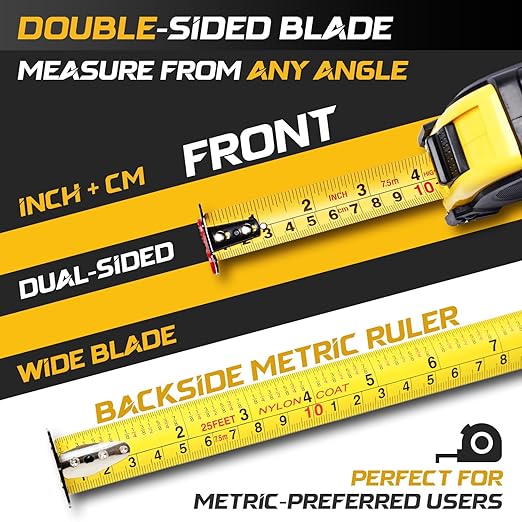 12-Ft Tape Measure with Magnetic Hooks, Fraction Markings, Steel Retractable, Both Side Ruler, Easy to Read Measuring Tape, Shock Absorbent Rubber Case