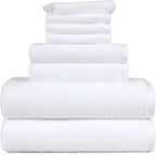 Amazon Basics 100% Cotton Soft Quick-Dry Bath Towel Set, 8-Piece, White, 10" x 7"