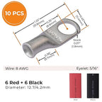 SELTERM 10pcs - 8 Awg - 5/16" Stud - Battery Lugs - Ring Terminal Connectors | with 12pcs 3:1 Black & Red Heat Shrink Tubing with Adhesive | Heavy Duty Battery Cable Ends - Tinned Copper Wire Lugs Kit