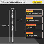 Drill Bit, 6.2mm Cutting Diameter, 4241 HSS 118° Cutting Angle Uncoated Bright Versatile Jobber Bits - (Applications: for Drilling Plastic Wood Soft Metal), 5-Pieces