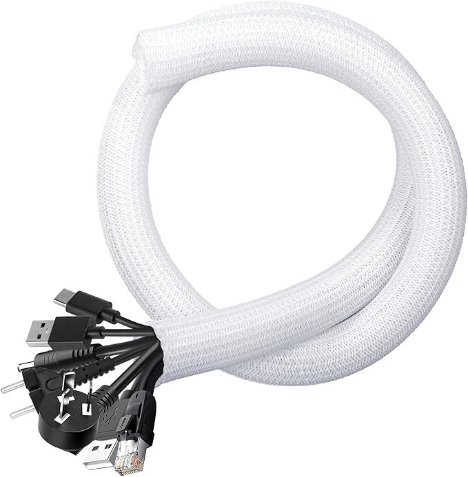 Cable Management Sleeves 1.5in - 2 Pack 4.1ft Split Braided Cable Sleeve White, Wire Organizers for Cords, Hard PE Cord Protectors from Pets, Flexible Cord Wrap Wire Sleeve for Computer Cord Organizer