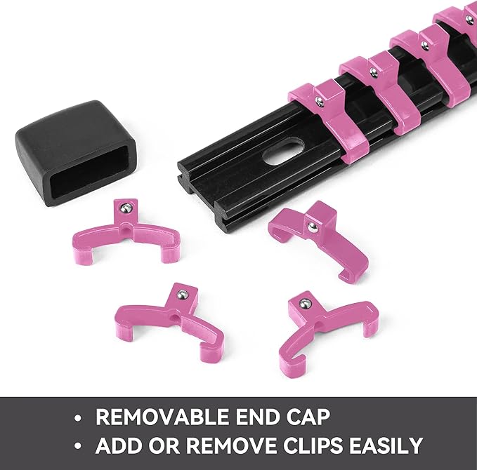 ALOANES 9pc ABS Socket Organizer Set, 1/2, 3/8 & 1/4 inch Drive Rail Holders, Heavy Duty Racks with Black Rails & Pink Clips