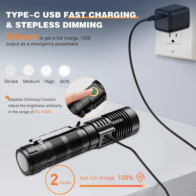 Small Tactical Flashlights High Lumens - 1500 Meters Long Beam Super Bright LED Magnetic Flashlight USB Rechargeable Zoomable 5Modes Long Beam Spotlight Flashlight for Hiking, Camping, 1pcs