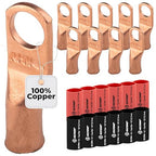 SELTERM 10pcs - 6 Awg - 5/16" Stud - Battery Lugs - Ring Terminal Connectors | with 12pcs 3:1 Black & Red Heat Shrink Tubing with Adhesive | Heavy Duty Battery Cable Ends - Bare Copper Wire Lugs Kit