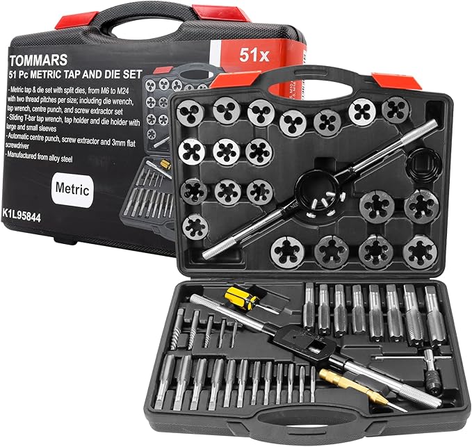 TOMMARS 51-Pc M6 to M24 Jumbo Tap and Die Set Metric Round Threading Dies for Threading and Rethreading Internal and External Threads