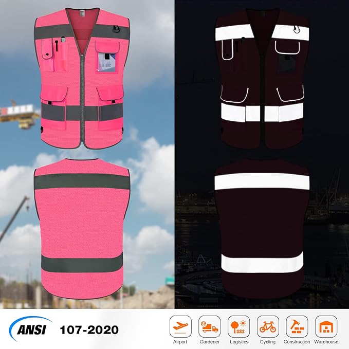 TCCFCCT Mesh Hi Vis Vest 9 Pockets High Visibility Reflective Safety Vest for Men Women, Safety Construction Vest with Reflective Strips, Meets ANSI/ISEA Standards, (Pink, Medium)