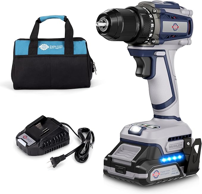 20V Cordless Drill Kit, 620 in-lbs Torque, 3/8" Keyless Chuck, Brushless Power Drill with 2.0Ah Battery and Charger, 2+1 Variable Speed, 20+1 Position Electric Drill Driver with LED, Belt Hook, Bag