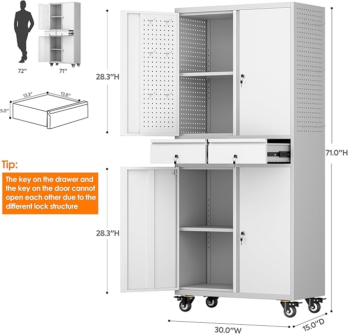 71" H Metal Garage Storage Cabinet with Wheels and Doors,Rolling Tool Cabinet with Pegboard and 2 Lockable Drawer for Garage Warehouse Home,Required Assembly,Grey and White