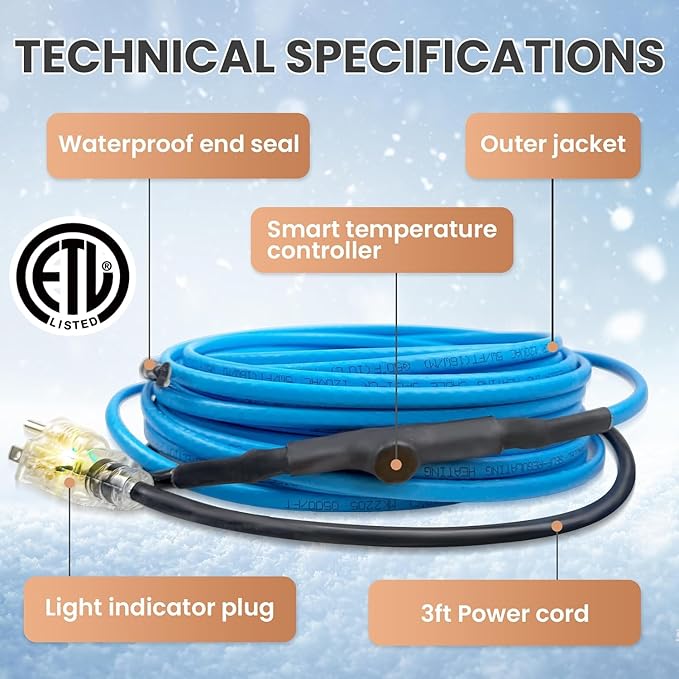 18FT Heat Tape for Water Pipes, Self-Regulating Heat Trace for Pipes with Thermostat Heating Cable for Metal Plastic Pex Pipes 120V 5W/FT