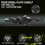 M35 Cobalt Step Drill Bit - 1/4" to 3/4"(9 Sizes)- Unibit Four Spiral Flute - 1/4" Hex Shank - Metal Drilling Bit: High Strength,Durability, Efficient