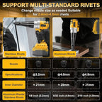 Cordless Rivet Gun for De-Walt 20V Battery, Electric Rivet Tool with LED Light, 3 Size for 1/8", 5/32", 3/16" Rivets–Brushless Blind Pop Rivet Gun Tool for Aluminum & Steel Rivets (Tool Only)