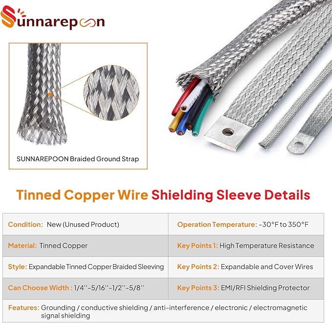 Tinned Copper Wire Shielding Sleeve, Expandable Ground Strap Wiring Braided Sleeving Metal Mesh Sheathing Cabling Wiring Protector (1/2inch - 36ft)
