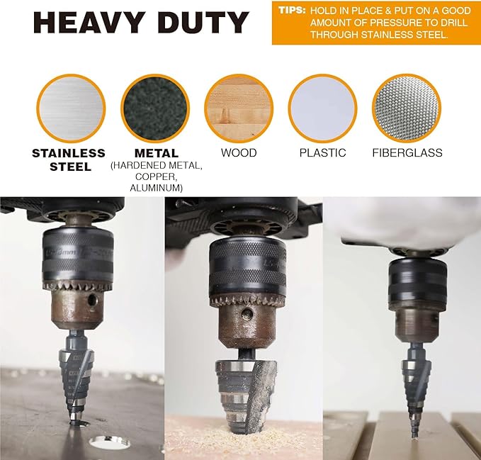 1/4 to 1-3/8 Inch Step Drill Bit Straight Grooved Double Fluted, M2 High Speed Steel Drill bits for Hole Drilling in Stainless Steel, Copper, Aluminum, Wood, Plastic