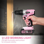 AVID POWER 20V MAX Lithium lon Cordless Drill Set, Power Drill Kit with Battery and Charger, 3/8-Inch Keyless Chuck, Variable Speed, 16 Position and 22pcs Bits (Pink)