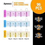 96 Pcs Heat Shrink Wire Connectors Kit- Electrical Waterproof Crimp Terminals Set- Insulated Rings- Ideal for Light-Duty Electrical Projects, Home DIY & Hobby Applications