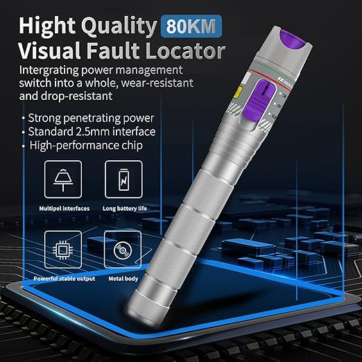 Purple 80KM Visual Fault Locator for Fiber Optic Cables, VFL Supports FC/ST/SC/LC Interfaces, Long-Range Fault Finder, Fiber Light Pen Tester, High-Precision OTDR Mapping Tool for FTTH, Telecom