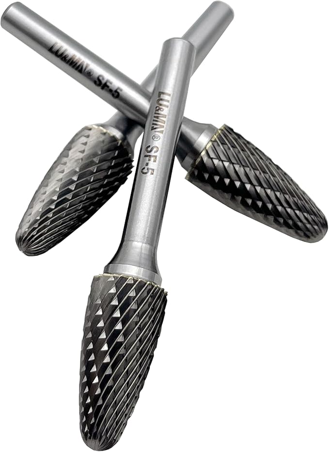 LU&MN SF-5 Tungsten Carbide Burr Tree Shape Radius End Double Cut Rotary Burr File (1/2” Cutter Dia X 1”Cutter Length) with 1/4'' Shank, 3PCS