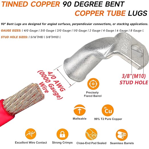 Tinned Copper Cable Lugs 8pcs 4/0 AWG-3/8 90 Degree Bent Battery Lugs,Heavy Duty Wire Lugs,Ring Terminal,4/0 Guage terminals,Battery Cable Ends/Terminal Connectors with 8pcs 3:1 Heat Shrink Tubing