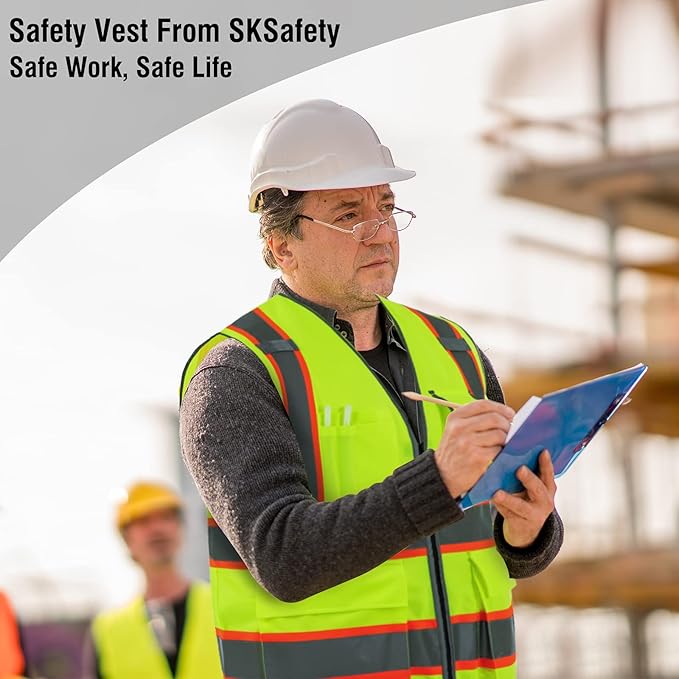 SKSAFETY 10 Pockets Safety Vest, Class 2 High Visibility Security with Zipper, Hi Vis Vest with Reflective Strips, ANSI/ISEA Standard, Construction Work Vest for Men ＆ Women （Lime, 3XL）