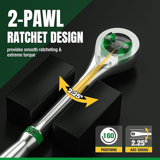 SK 1/4" Drive Ratchet Handle, 160-Position 2 Pawl Ratchet, Premium CR-V Construction, with Contoured Handle