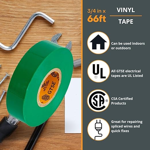 GTSE Green Electrical Tape, 120 Rolls Bulk Box – Waterproof, Industrial Grade Vinyl, 3/4 in x 66ft– Strong Self-Adhesive PVC Electric Tape for Wire Insulation, 7 Mil, 600V – UL/CSA Listed