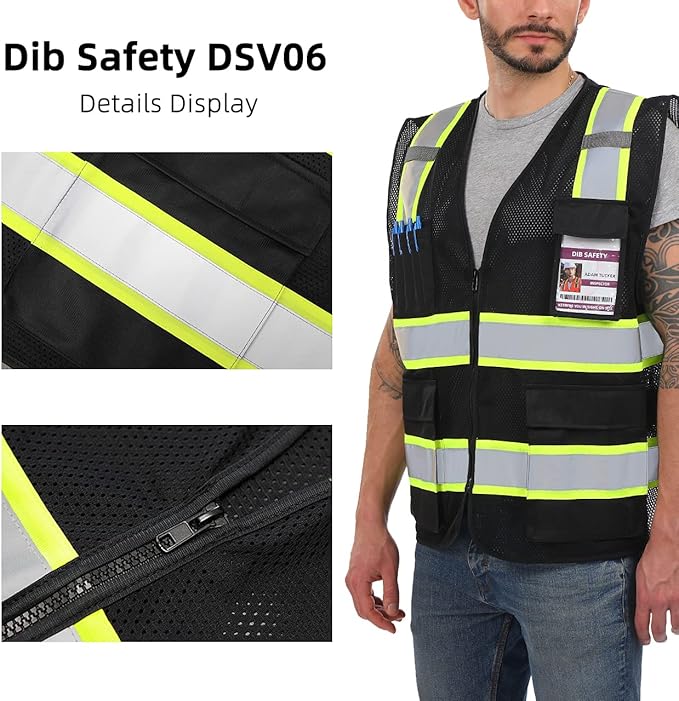 Dib Safety Reflective Mesh Vest High Visibility Two Tone with Pockets and Zipper, Black Mesh with Yellow Trim S