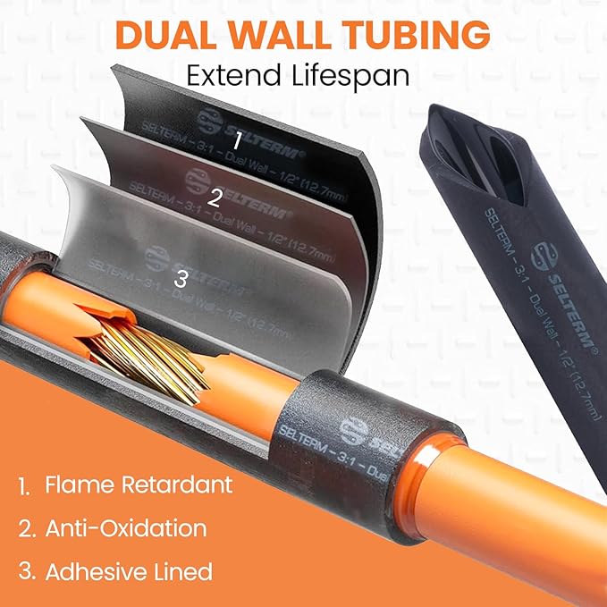 SELTERM 1/2" Black [50 Feet] Marine Grade Heat Shrink Tubing Roll, 3:1 Ratio Dual Wall Adhesive Lined Waterproof Heat Shrink Wrap Tube, for Battery Cable Lugs Wire Terminals Connectors
