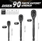 DISEN 3PCS Black Ratchet Set (1/2", 3/8", 1/4" Drive) - 90-Tooth Contour Handle, Black Oxide Finish with Reversible Quick Release & EVA Tray - Industrial Ratchet Wrench Kit