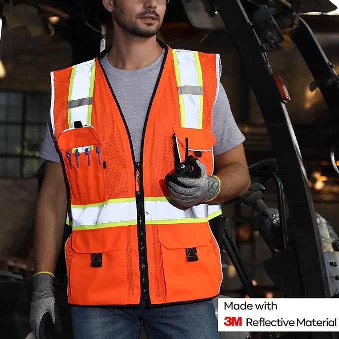 Neopelta Reflective Safety Vest Orange Mesh, Made with 3M Reflective Tape, Heavy Duty Vest with ID pocket, Padded Neck, Orange 3XL