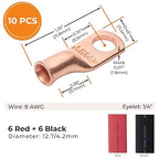 SELTERM 10pcs - 8 Awg - 1/4" Stud - Battery Lugs - Ring Terminal Connectors | with 12pcs 3:1 Black & Red Heat Shrink Tubing with Adhesive | Heavy Duty Battery Cable Ends - Bare Copper Wire Lugs Kit