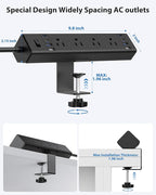 40W Fast Charging Station,Desk Clamp Power Strip 20W USB C,8 Outlets,8 USB Ports,4 USB C and 4 USB A, Office Furniture Surge Protector, 14AWG Cord, Fits 1.9" Tabletop Edge (Black, 10FT Length)