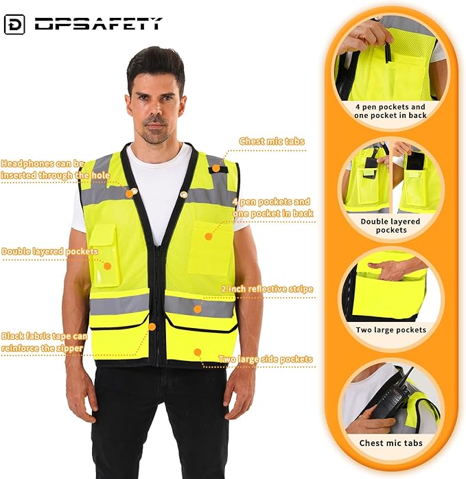 Reflective Safety Vest with Back Pocket, Heavy Duty Hi Vis ANSI/ISEA Standard Vest - Men & Women (Lime, 5XL)