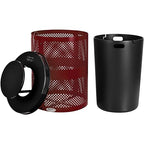 Global Industrial 32 Gallon Outdoor Perforated Steel Round Trash Can with Rain Bonnet Lid, Plastic Liner and Anchor Kit Included, 23-1/2" Diameter x 40-1/2"H, Red