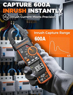 Digital Inrush Clamp Meter, CM06 Clamp Multimeter, T-RMS 6000 Counts 600A Amp Voltage Tester with VFD, LOZ, Measures NCV, AC/DC Voltage Current, Continuity Capacitance Frequency Resistance