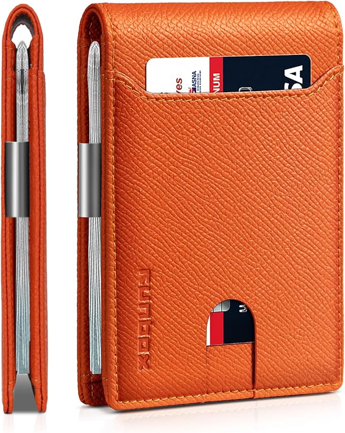 RUNBOX Slim Wallets for Men - Leather Money Clip Mens Wallet - RFID Blocking Front Pocket Bifold Wallet - Thin Credit Card Holder with Gift Box