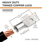 SELTERM 10pcs 2 AWG-#10 Stud Tinned Copper Wire Lugs, Heavy Duty Battery Cable Ends,2 Gauge Ring Terminals, UL Battery Lugs Marine Grade Copper Eyelets Electrical Battery Terminal Connectors