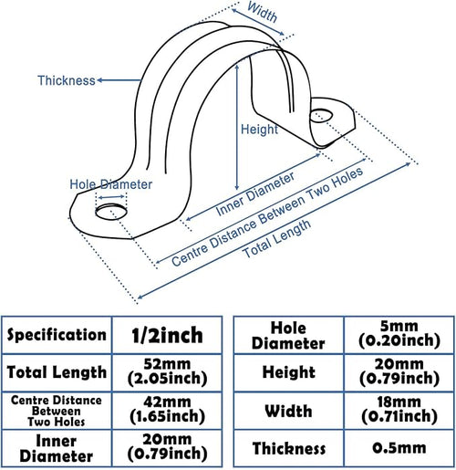 1/2inch Rigid Pipe Strap Clamp, Two Hole Strap,U Bracket Tube Clip, Stainless Steel Heavy Duty Pipe Fasten Holder, 50Pcs (20mm)