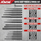 AMM 28 PCS Heavy Duty Punch and Chisel Set, Including Taper Punch, Cold Chisels, Pin Punch and Center Punch, Cr-V, Ideal for Working with Wood, Metal, Automotive, Sculpture, etc