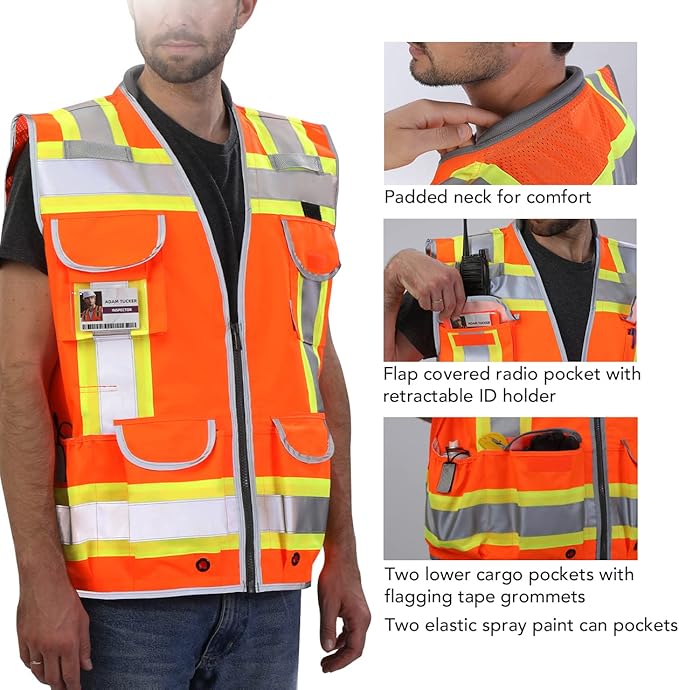 Dib Safety Reflective Vest Heavy Duty, High Visibility Two Tone Engineer Vest, Made with 3M Tape, Padded Collar, Retractable ID Pocket, Orange L