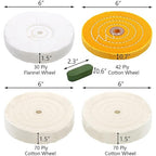 Hedume 7 Pcs 6" Polishing Wheels Kit for Bench Grinder, 1/2" Arbor Hole 2 White Cotton Polish Wheel(70Ply), 1 Yellow Cotton Wheel(42Ply), 1 Soft Flannel Buffing Wheel(30Ply), 3 Polishing Compound Set
